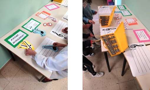 bambini che inventano ritmi con grandi note di carta e xilofoni. bambini che inventano ritmi con grandi note di carta e xilofoni.